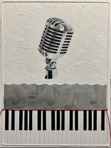 2506-09 Touches et micro style Vintage / 2025 / acrylique, aluminium, corde, clous sur bois merisier / 101,6x76x4cm (40x30x1 3/4 po)